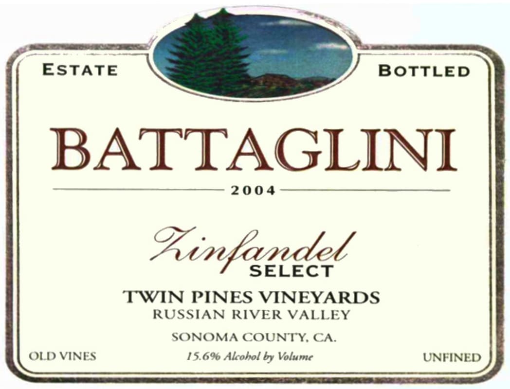 Battaglini Estate Winery Twin Pines Vineyards Select Zinfandel 2004 Front Label