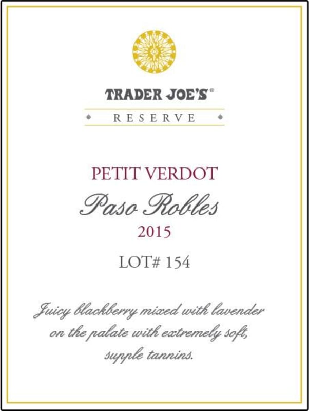 Trader Joe's Paso Robles Reserve Petite Verdot Lot #154 2015 Front Label