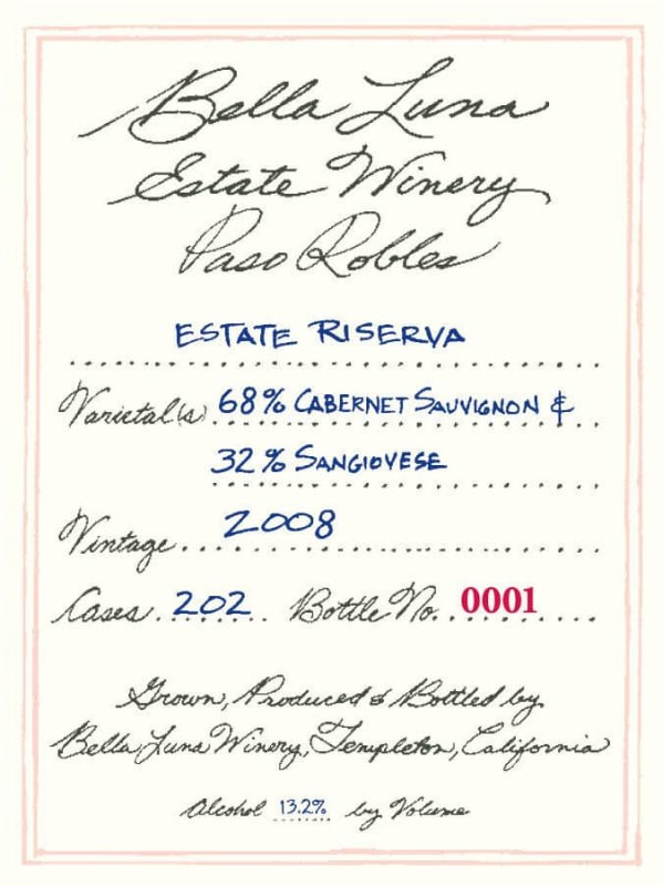 Bella Luna Winery Estate Riserva 2008 Front Label