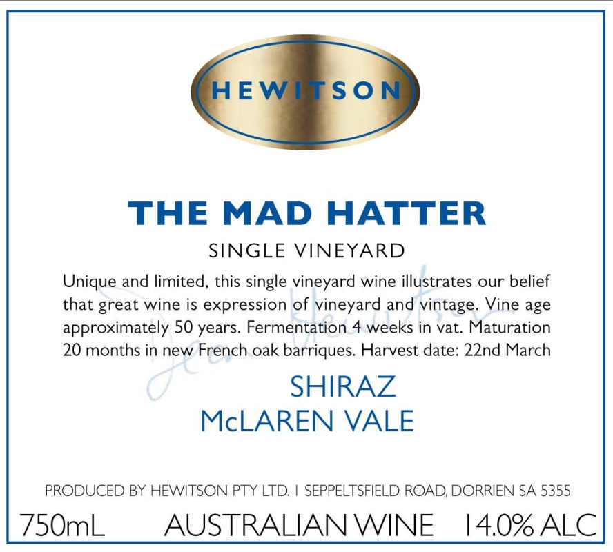 Hewitson The Mad Hatter Shiraz 2014 Front Label