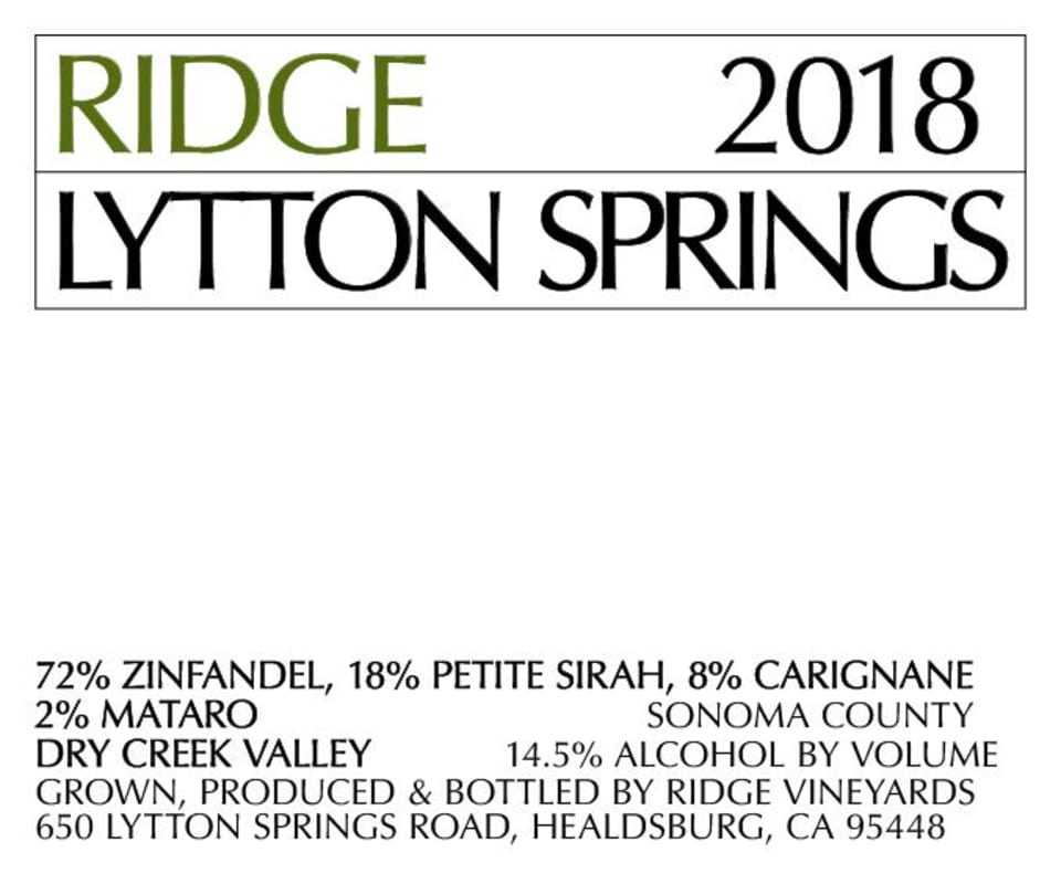 Ridge Lytton Springs Red Blend (375ML half-bottle) 2018 Front Label