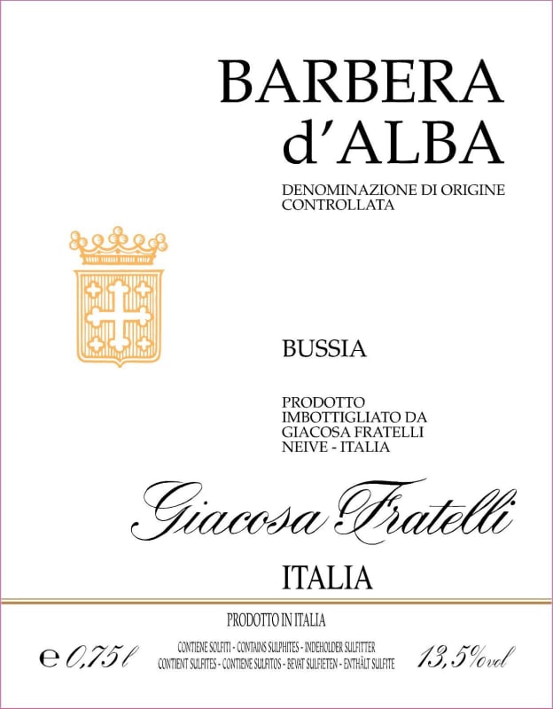 Giacosa Fratelli Barbera d'Alba Bussia 2015 Front Label