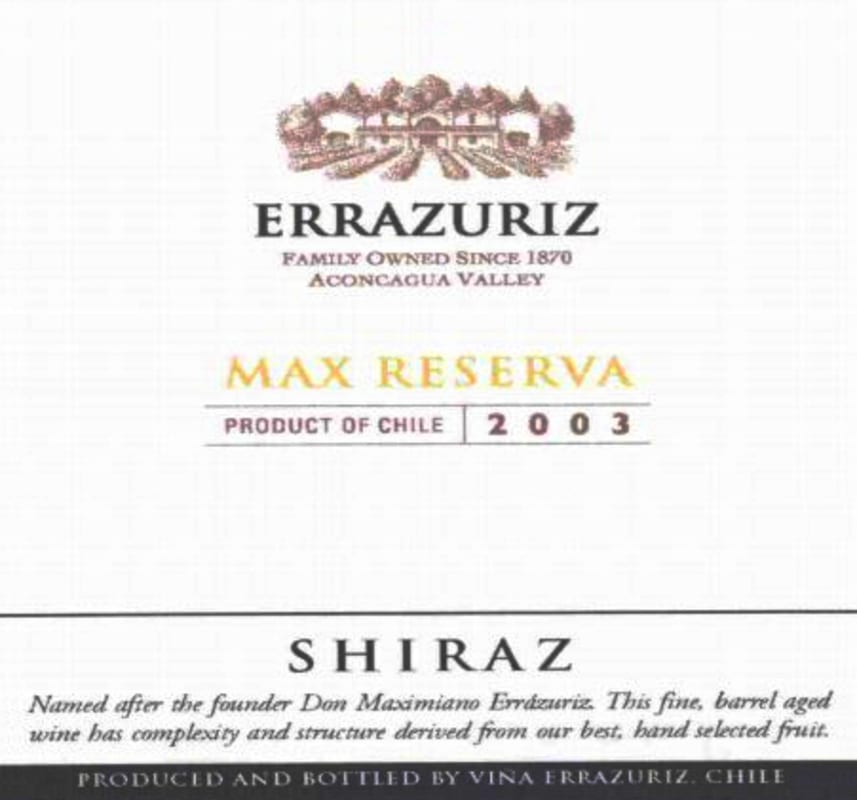 Errazuriz Max Reserva Syrah 2003 Front Label