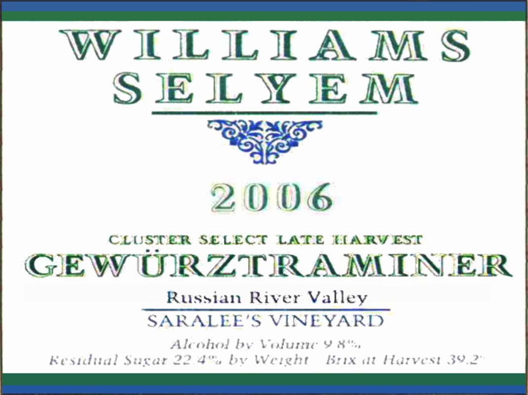 Williams Selyem Saralee's Vineyard Gewurztraminer 2006 Front Label