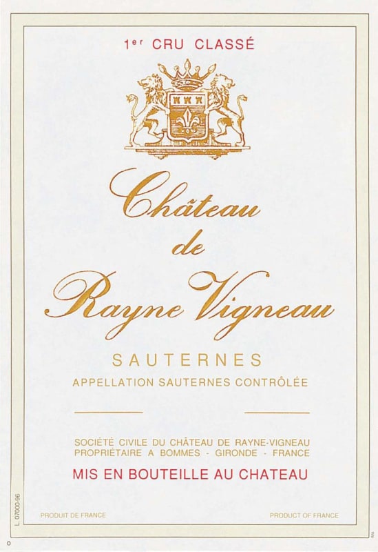 Chateau Rayne Vigneau Sauternes (375ML half-bottle) 1997 Front Label