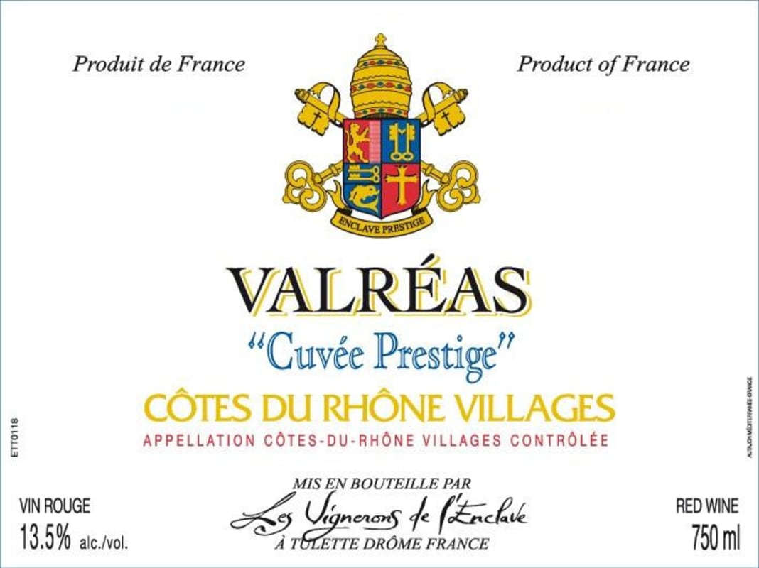 Les Vignerons de l'Enclave des Papes Cotes du Rhone Villages Valreas Cuvee Prestige 2015 Front Label
