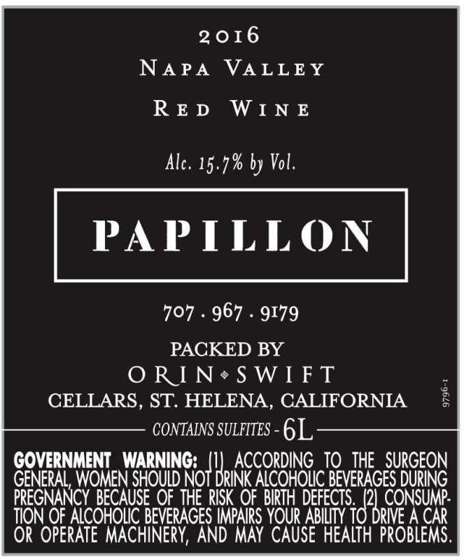 Orin Swift Cellars Papillon (1.5 Liter Magnum) 2016 Front Bottle Shot
