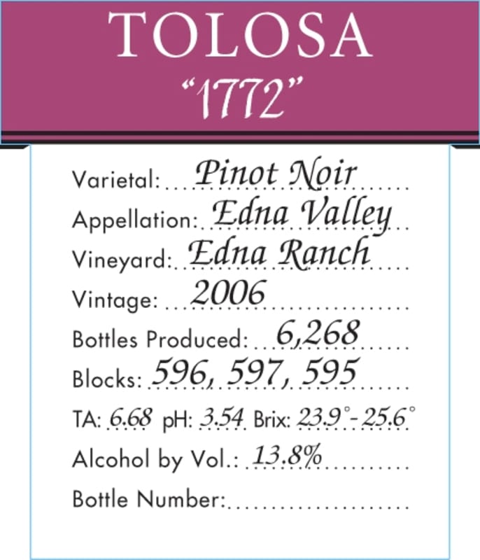 Tolosa Winery 1772 Ranch Pinot Noir 2006 Front Label