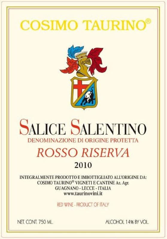 Taurino Salice Salentino Riserva Rouge 2010 Front Label