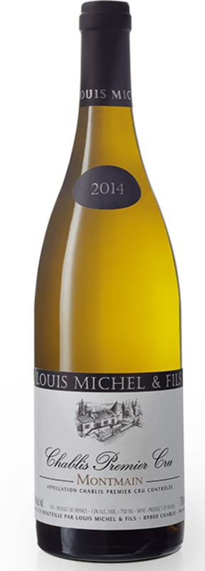Louis Michel Chablis Premier Cru Montmains (stained label) 2014 Front Bottle Shot