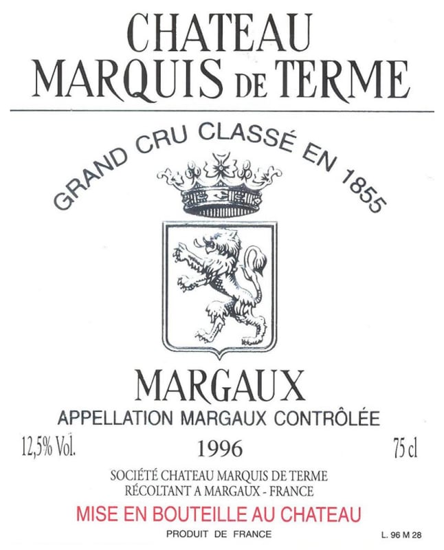 Chateau Marquis de Terme Margaux 1996 Front Label