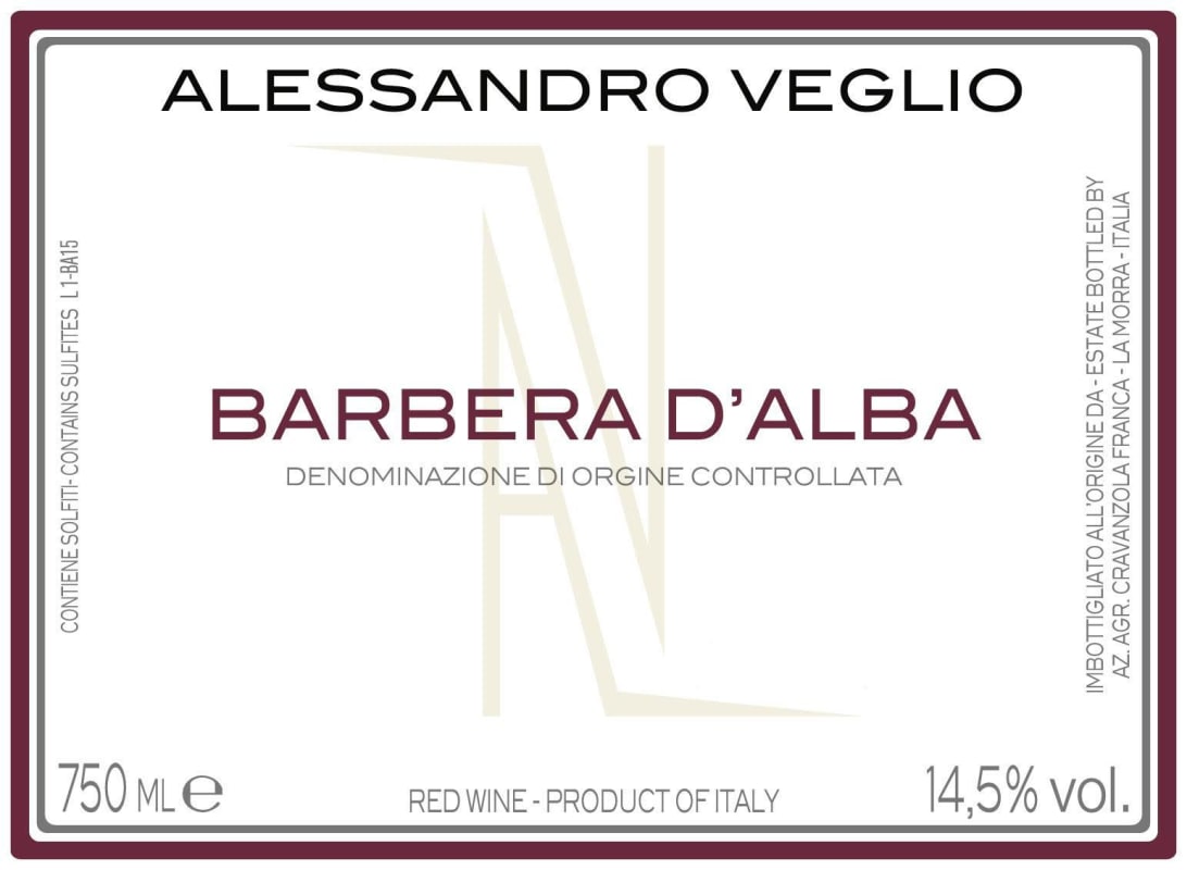 Az. Agr. Alessandro Veglio Barbera d'Alba 2019 Front Label