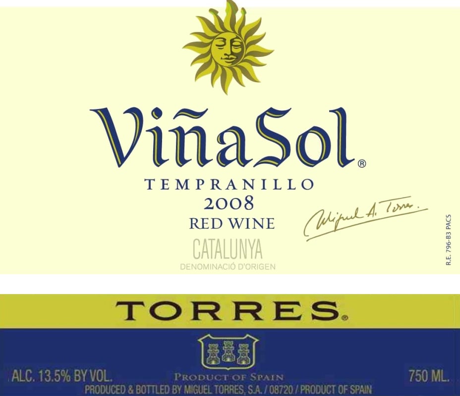 Torres Vina Sol Tempranillo 2008 Front Label