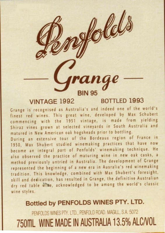 Penfolds Bin 707 Cabernet Sauvignon 1993 Front Label