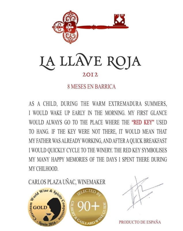 Bodegas Carlos Plaza La Llave Roja 8 Meses en Barrica 2012 Front Label