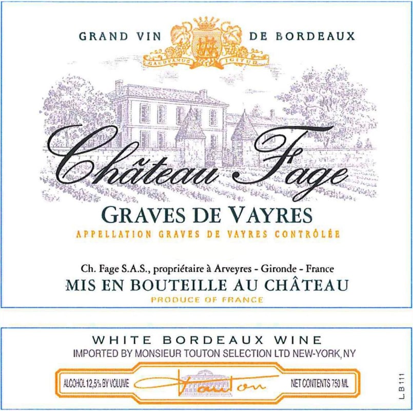 Chateau Fage Graves de Vayres Blanc 2017 Front Label