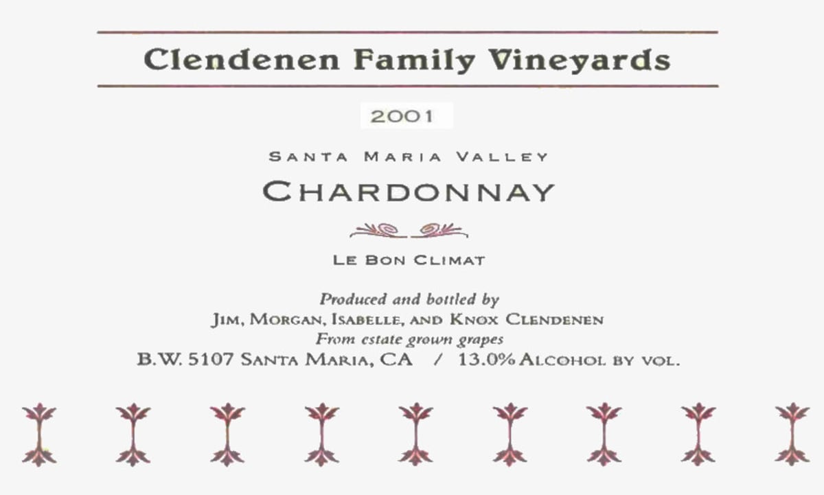 Au Bon Climat Clendenen Family Vineyards Le Bon Climat Vineyard Chardonnay 2001 Front Label