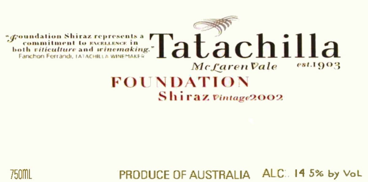 Tatachilla Foundation Shiraz 2002 Front Label