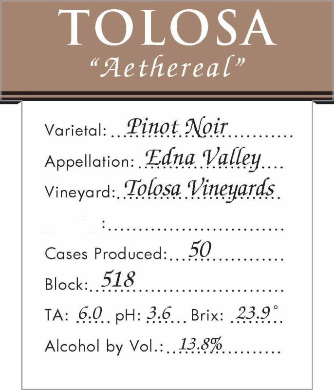Tolosa Winery Aethereal Reserve Pinot Noir 2013 Front Label