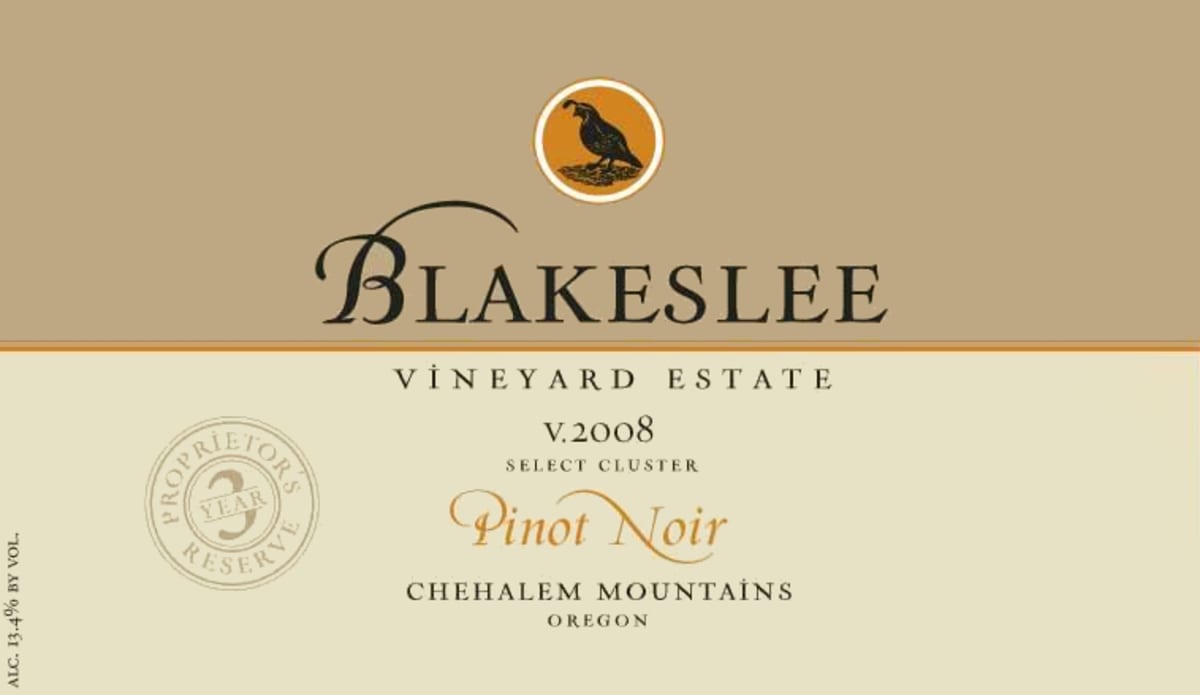 Blakeslee Vineyard Estate Reserve Pinot Noir 2008 Front Label