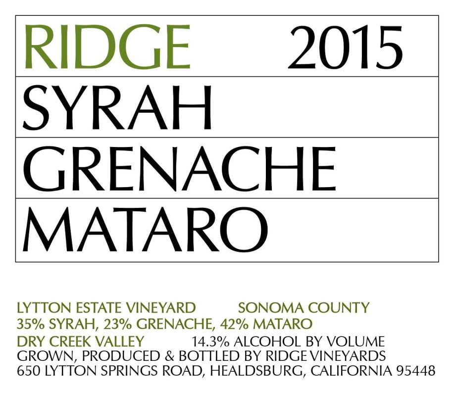 Ridge Lytton Estate Vineyard Grenache/Syrah/Mataro 2015 Front Label