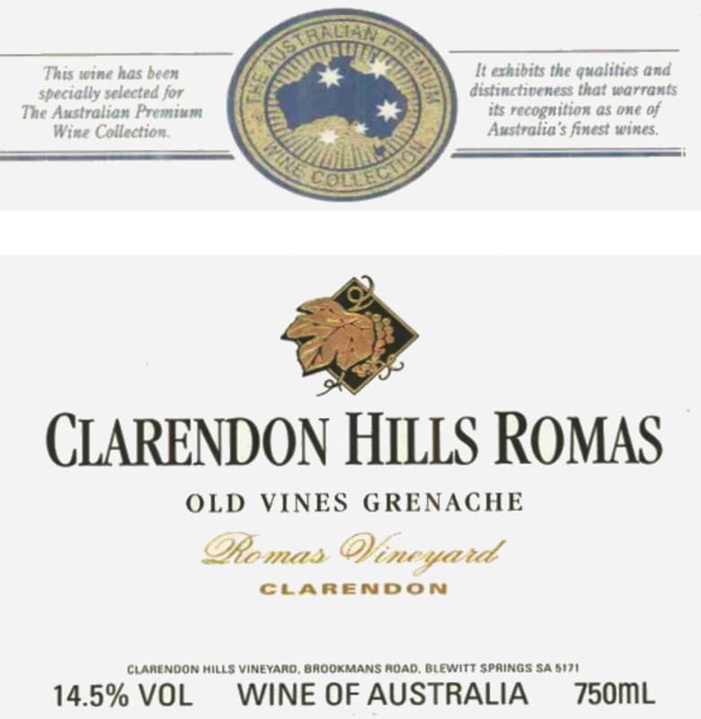 Clarendon Hills Romas Grenache 2000 Front Label
