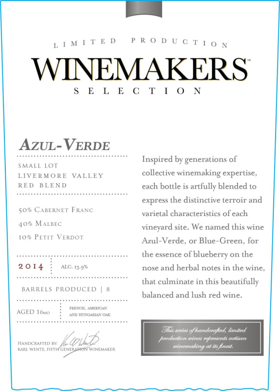 Wente Winemakers Selection Azul Verde 2014 Front Label