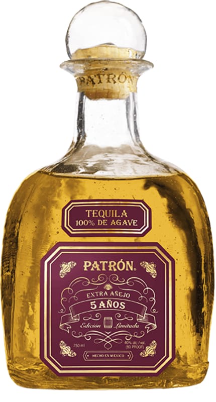 Patron 5 Year Extra Anejo Tequila Front Bottle Shot