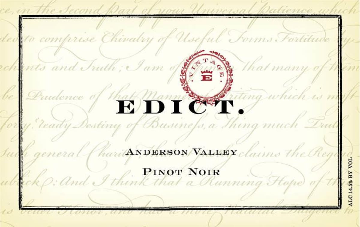 Edict Wines Anderson Valley Pinot Noir 2016 Front Label