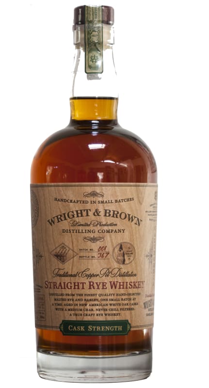 Wright & Brown Distilling Co. Cask Strength Rye Whiskey Front Bottle Shot