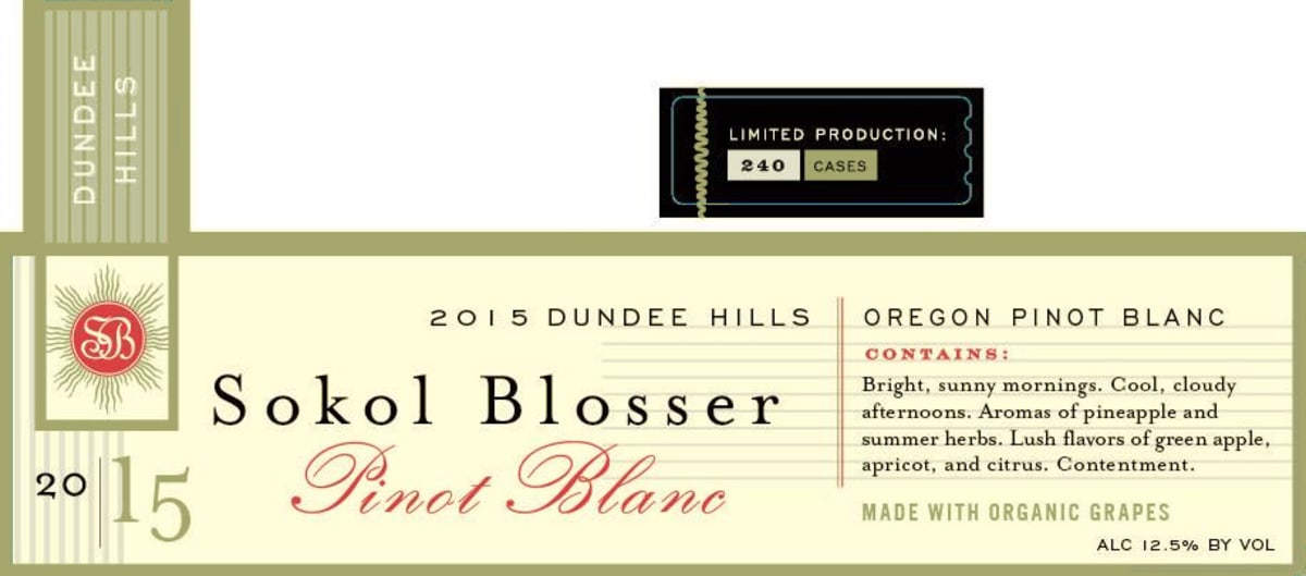 Sokol Blosser Pinot Blanc 2015 Front Label