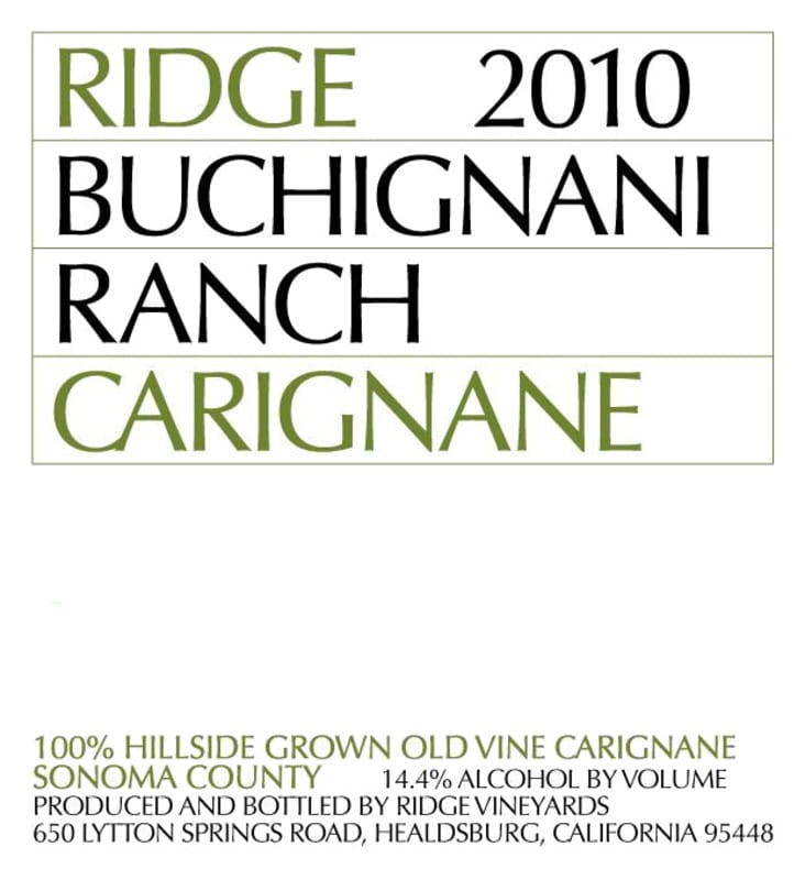 Ridge Buchignani Ranch Carignane 2010 Front Label