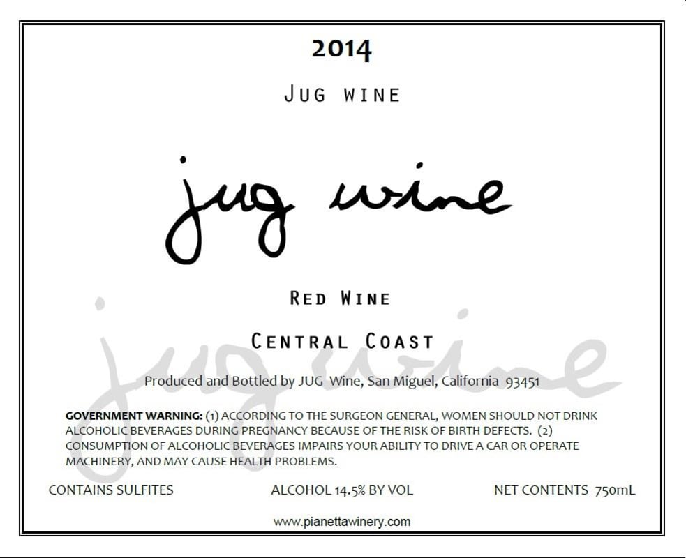 Pianetta Winery Jug Wine 2014 Front Label