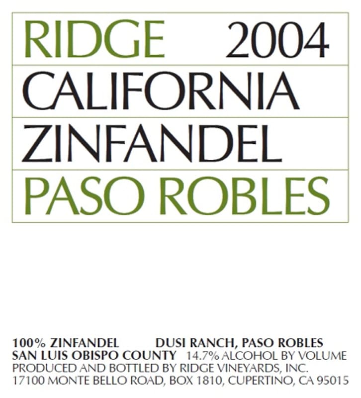 Ridge Paso Robles Zinfandel 2004 Front Label