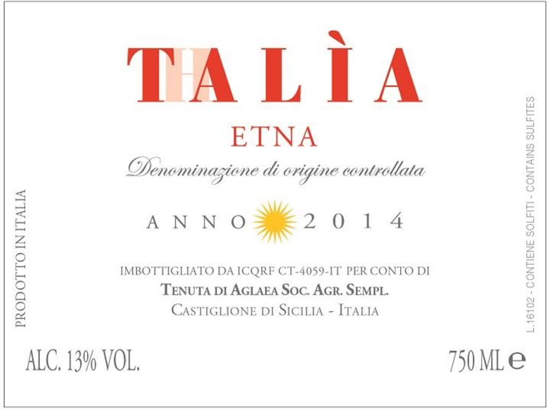 Tenute di Aglaea Etna Talia Rosso 2014 Front Label