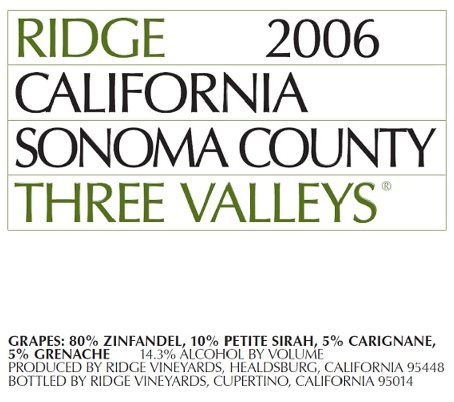 Ridge Three Valleys Zinfandel 2006 Front Label