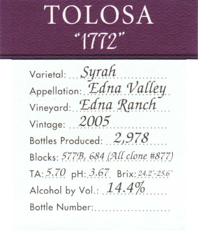 Tolosa Winery Edna Ranch 1772 Syrah 2005 Front Label