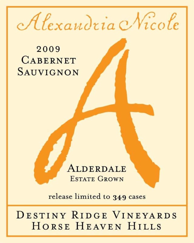 Alexandria Nicole Cellars Destiny Ridge Vineyards Alderdale Cabernet Sauvignon 2009 Front Label