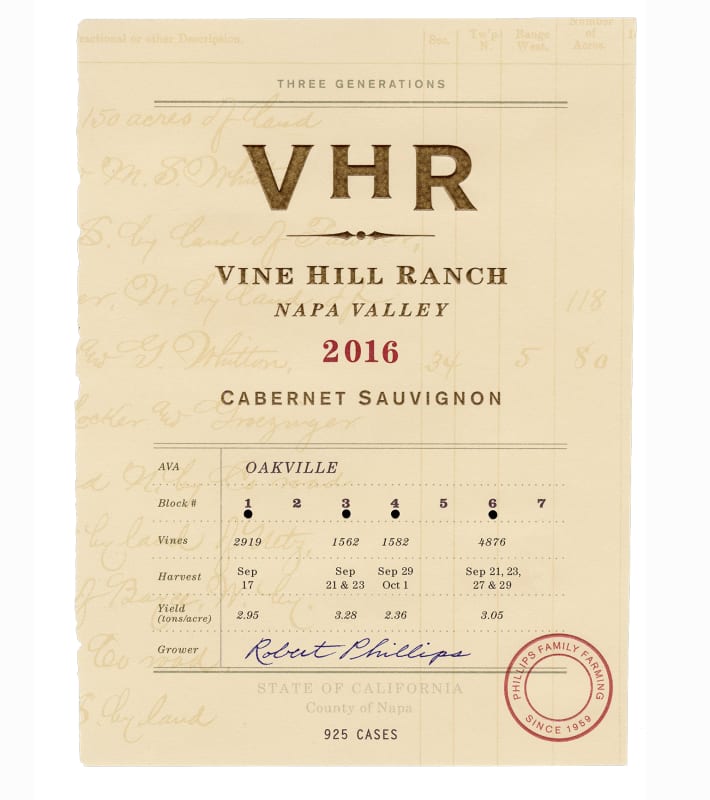 Vine Hill Ranch VHR Cabernet Sauvignon (3 bottle OWC) 2016 Front Label