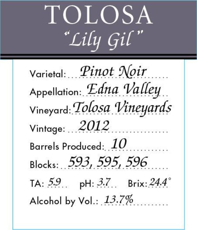 Tolosa Winery Lily Gil Pinot Noir 2012 Front Label