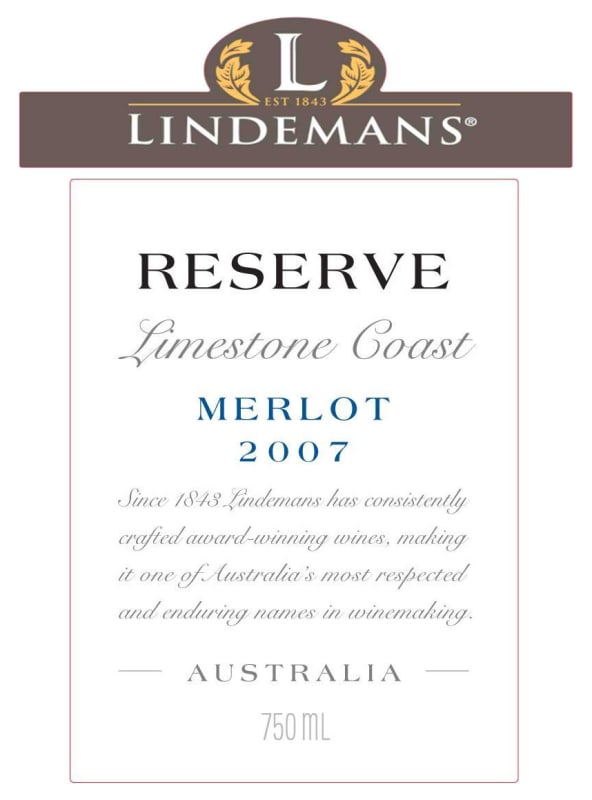 Lindeman’s Bin Series Reserve Merlot 2007 Front Label