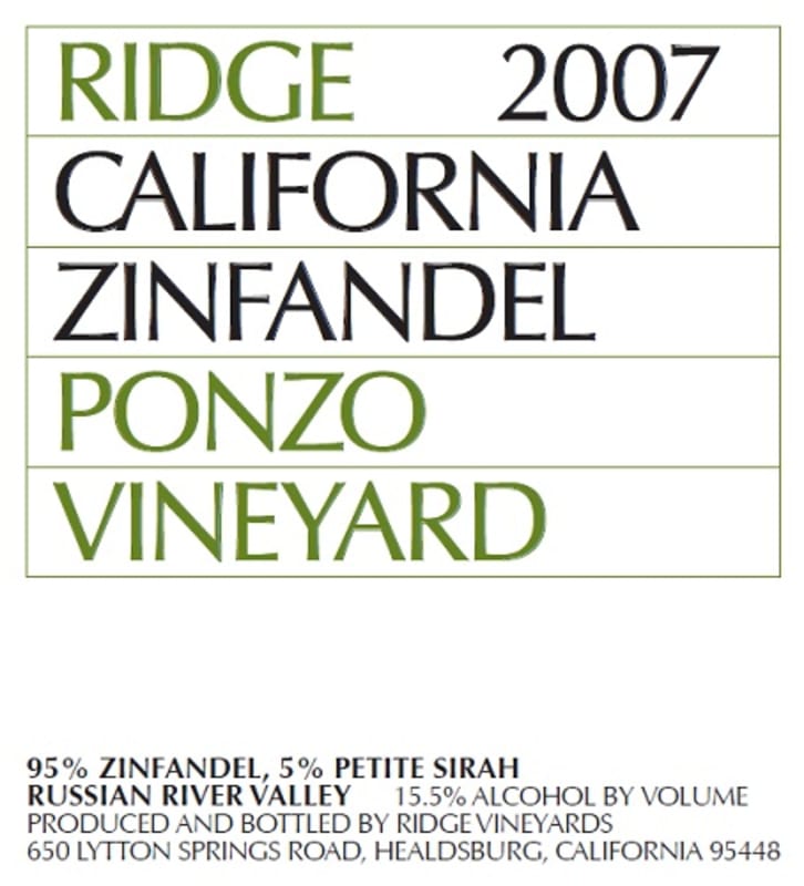 Ridge Ponzo Zinfandel 2007 Front Label
