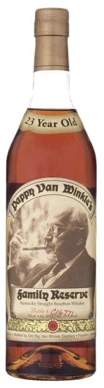 Old Rip Van Winkle Distillery 23 Year Pappy Van Winkle's Family Reserve Bourbon Whiskey Front Bottle Shot