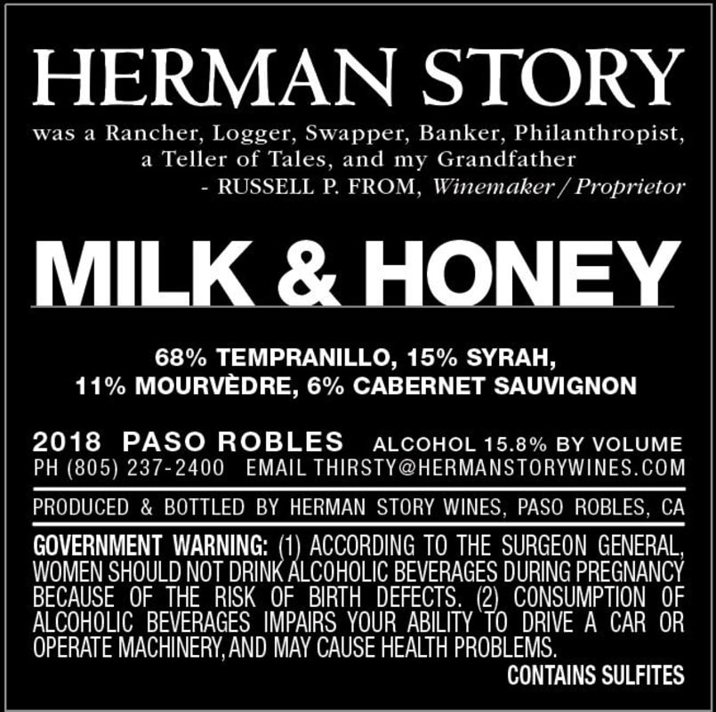 Herman Story Milk and Honey Red Blend 2018 Front Bottle Shot