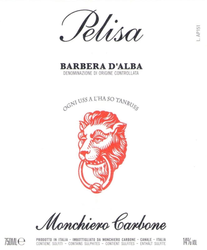 Monchiero Carbone Pelisa Barbera dAlba 2018 Front Label