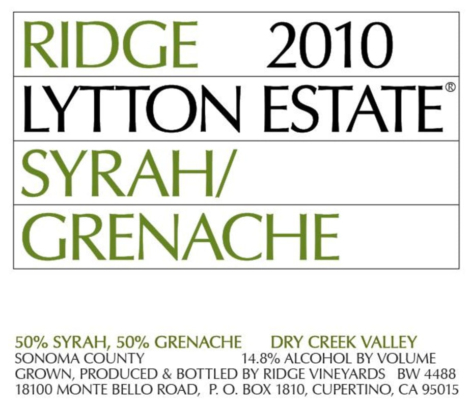 Ridge Lytton Estate Vineyard Grenache/Syrah 2010 Front Label