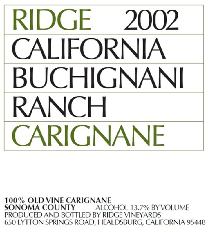 Ridge Buchignani Ranch Carignane 2002 Front Label
