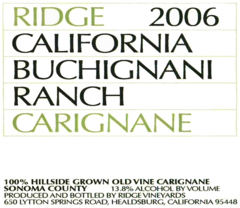 Ridge Buchignani Ranch Carignane 2006 Front Label