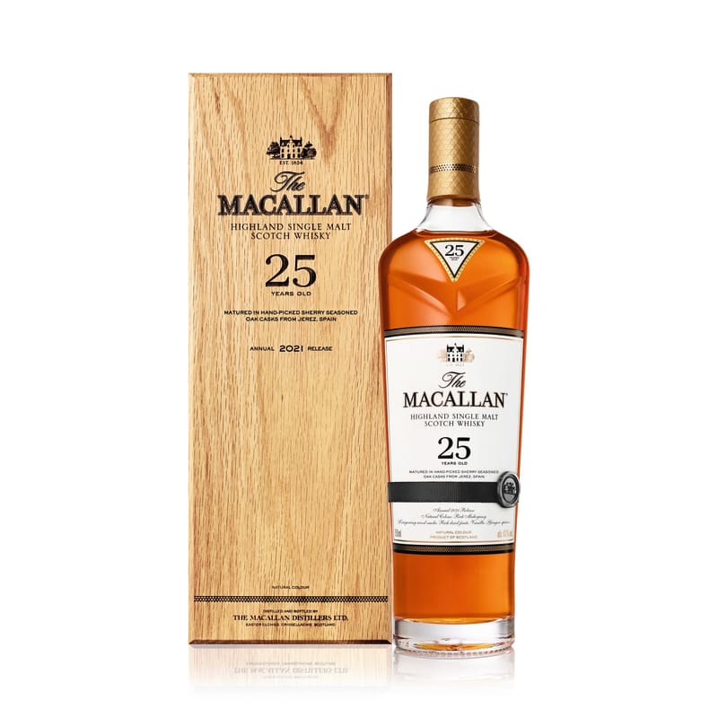 The Macallan 25 Year Sherry Oak Single Malt Scotch Whisky (2021 Release) in Wood Gift Box Front Bottle Shot