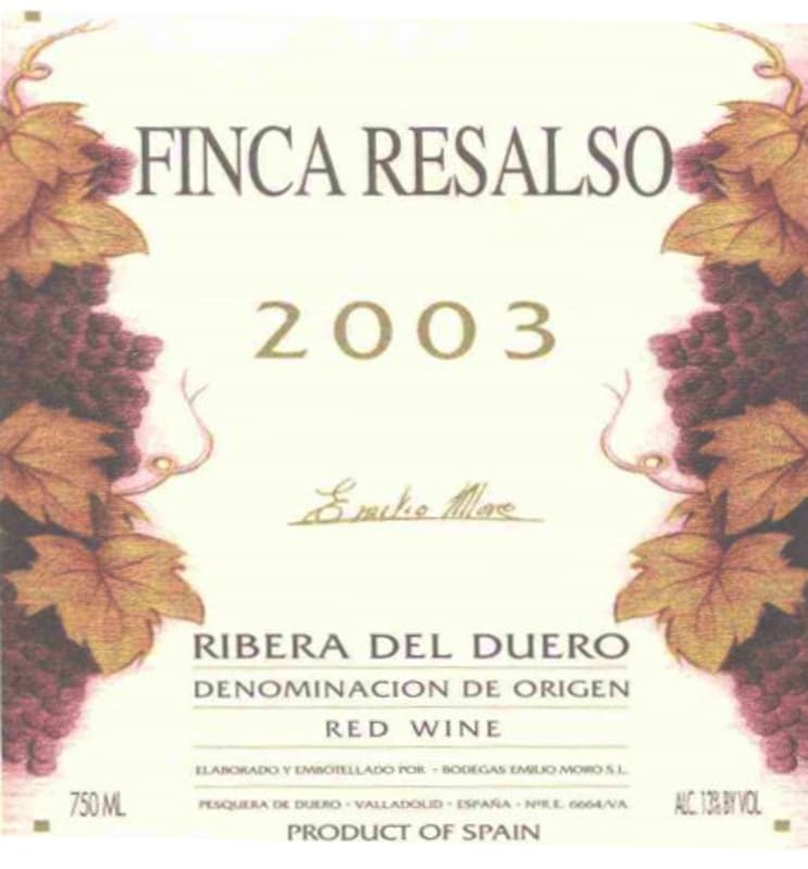 Emilio Moro Finca Resalso 2003 Front Label